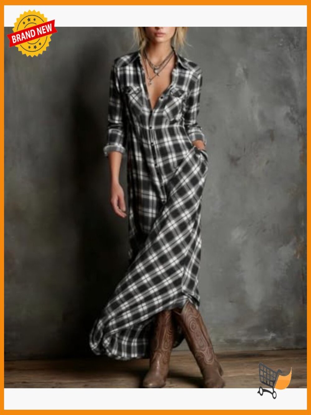 Vintage Plaid Maxi Dress with Pockets Long Sleeve Button Down Flowy Shirt Dress - Picture 2 of 2